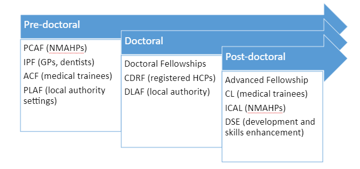 PCAF (NMAHPs) IPF (GPs, dentists) ACF (medical trainees) RAF (local authority settings) 
Doctoral FellowshIps CDRF (registered HCPs) DLAF (local authority) 
Advanced Fellowship CL (medical trainees) ICAL (NMAHPs) DSE (development and skills enhancement)